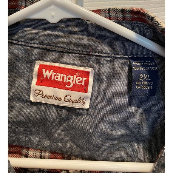 Wrangler Men's Shirt 2XL FLANNEL, Red plaid Long Sleeve button pockets - Picture 4 of 5